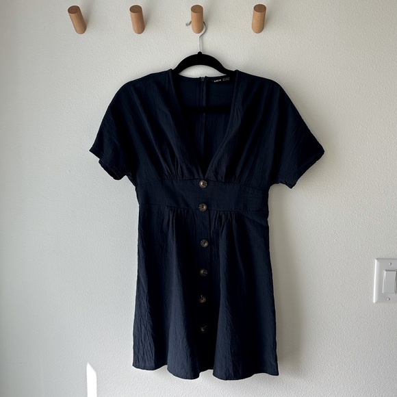 Deep V Neck Sundress with Sleeves | Buttons Down Front, A-Line Mini Dress | Navy - Picture 7 of 8